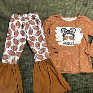 Kid Life Boutique Football Outfit flare pants bleach shirt size 7-8